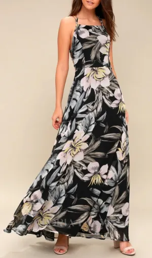 Black Floral Print Lace-Up Maxi Dress Gloria Lanvin