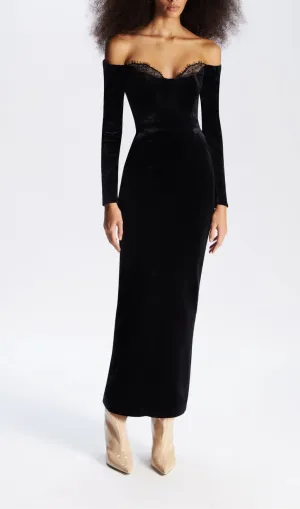 BLACK LONG SLEEVE LACE VELVET MAXI DRESS Gloria Lanvin