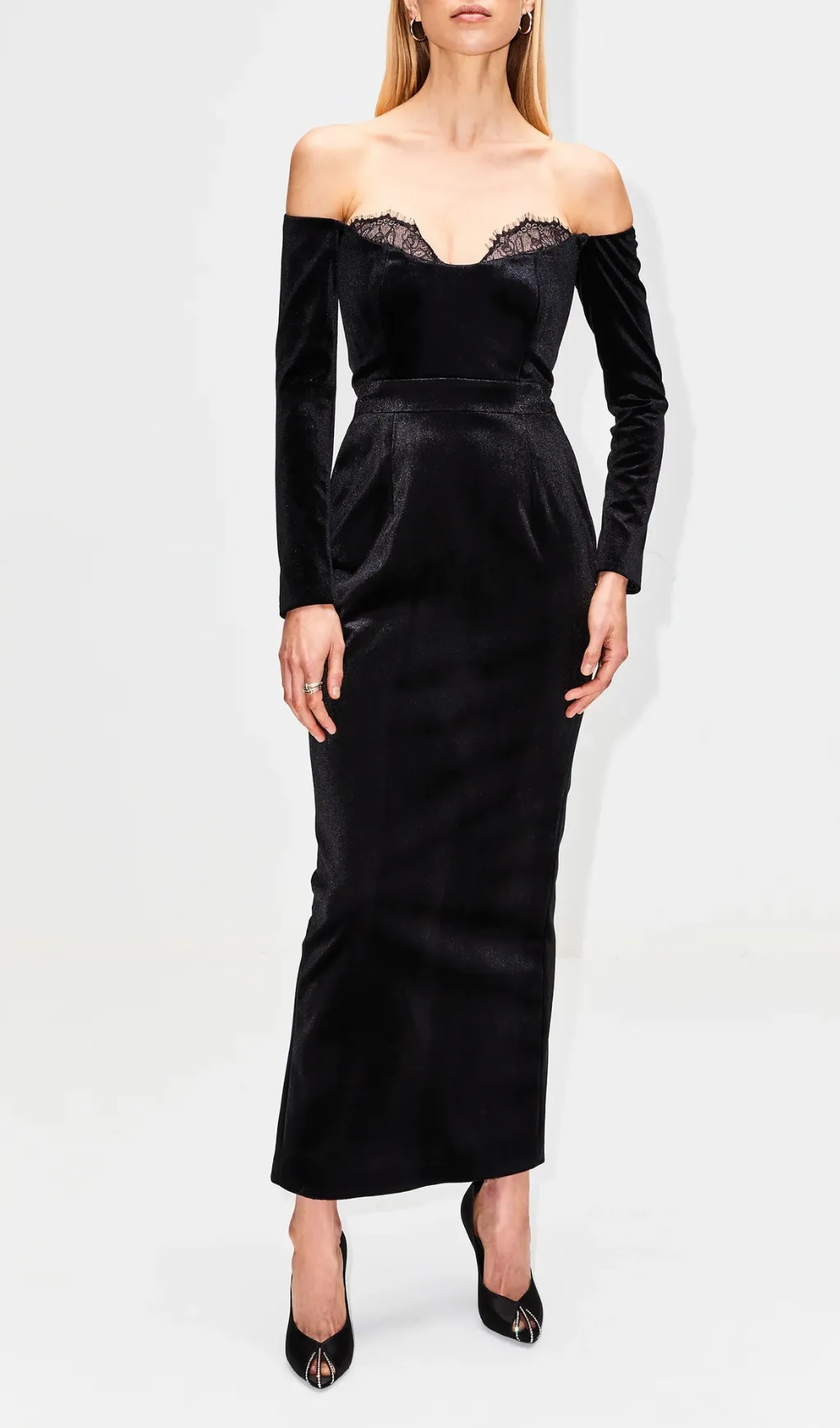 BLACK LONG SLEEVE LACE VELVET MAXI DRESS Gloria Lanvin