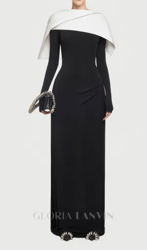 black maxi dress with draped asymmetrical shoulder pleat Gloria Lanvin