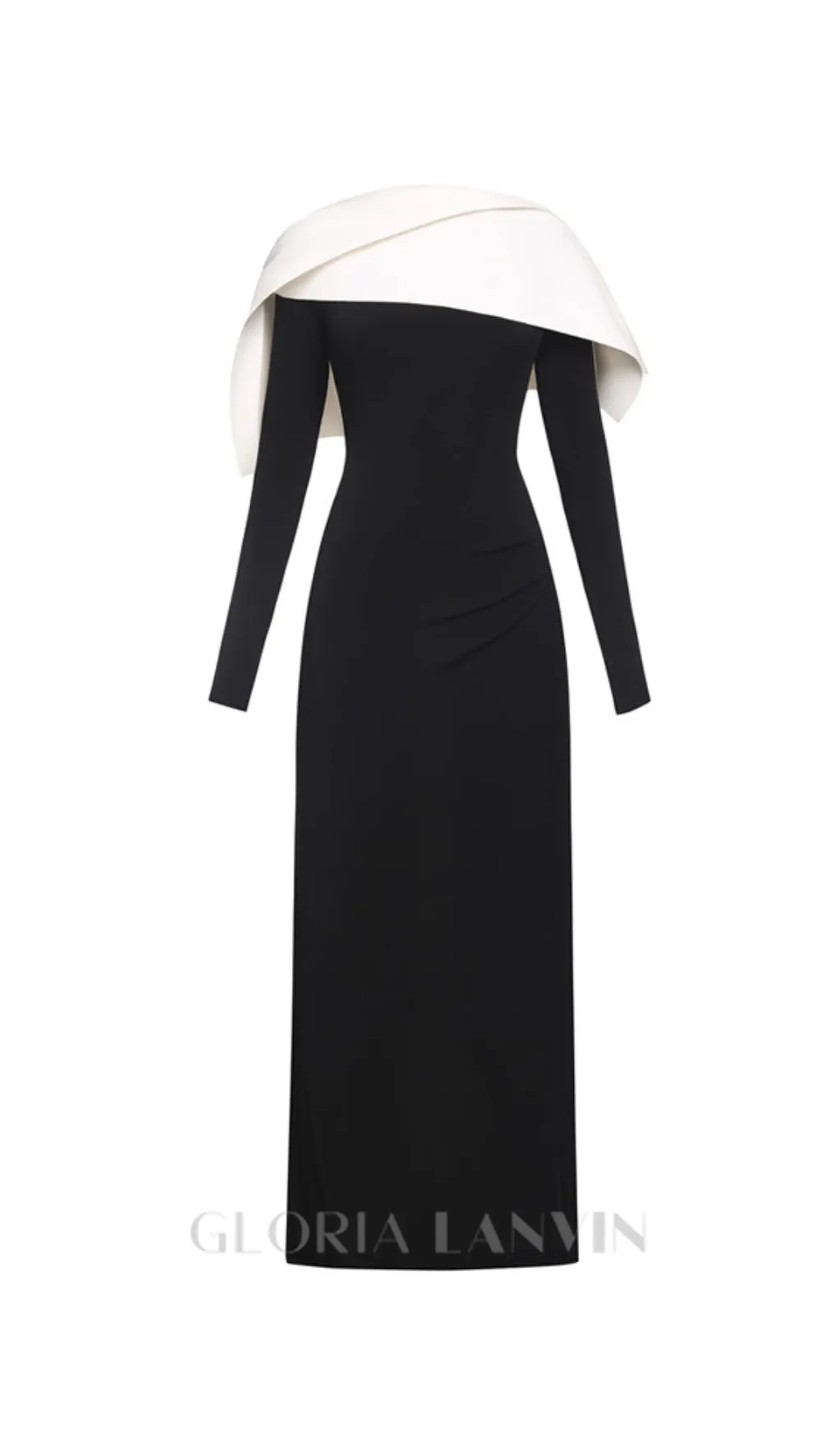 black maxi dress with draped asymmetrical shoulder pleat Gloria Lanvin