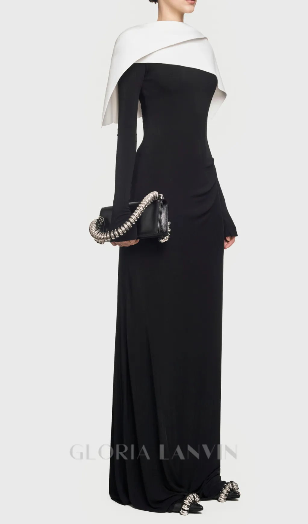 black maxi dress with draped asymmetrical shoulder pleat Gloria Lanvin