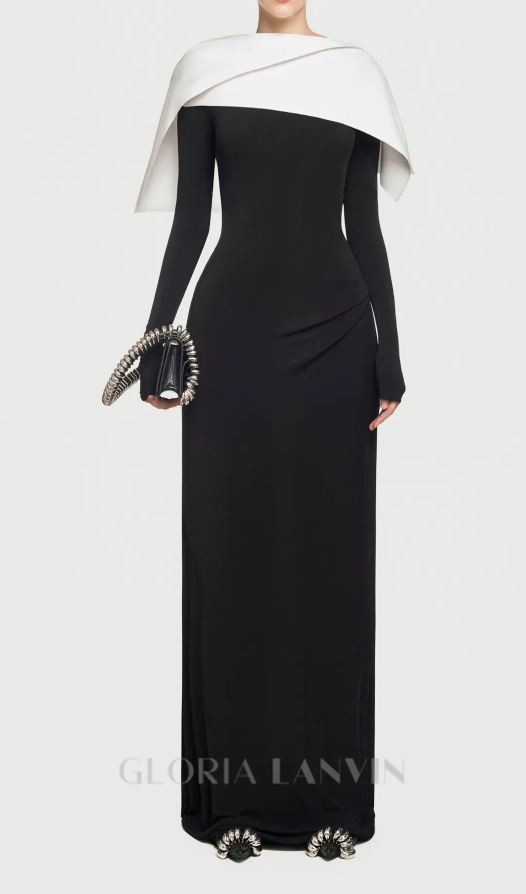 black maxi dress with draped asymmetrical shoulder pleat Gloria Lanvin