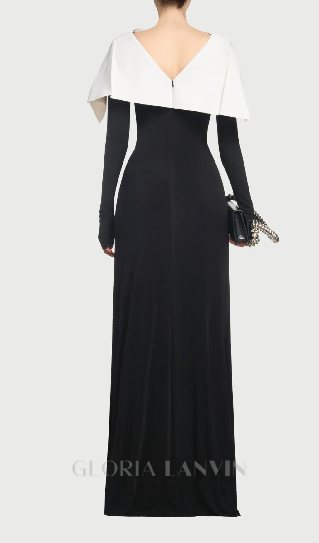 black maxi dress with draped asymmetrical shoulder pleat Gloria Lanvin