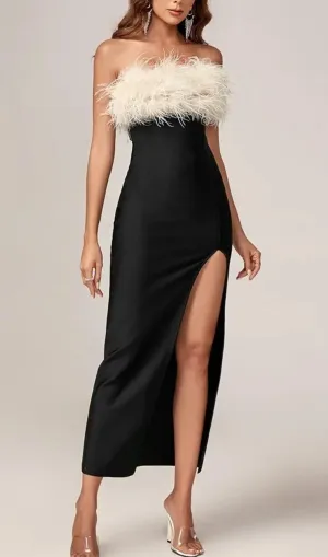 BLACK OFF SHOULDER FEATHERS MAXI BANDAGE DRESS Gloria Lanvin