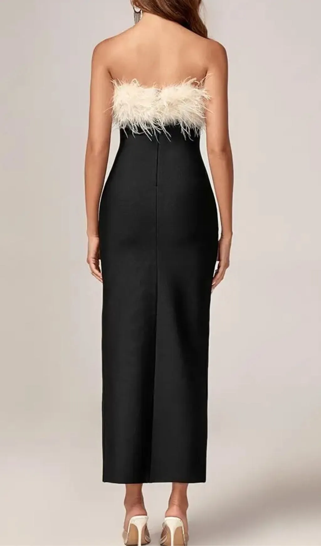BLACK OFF SHOULDER FEATHERS MAXI BANDAGE DRESS Gloria Lanvin