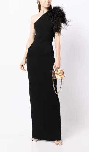 BLACK ONE-SHOULDER FEATHER MAXI DRESS Gloria Lanvin