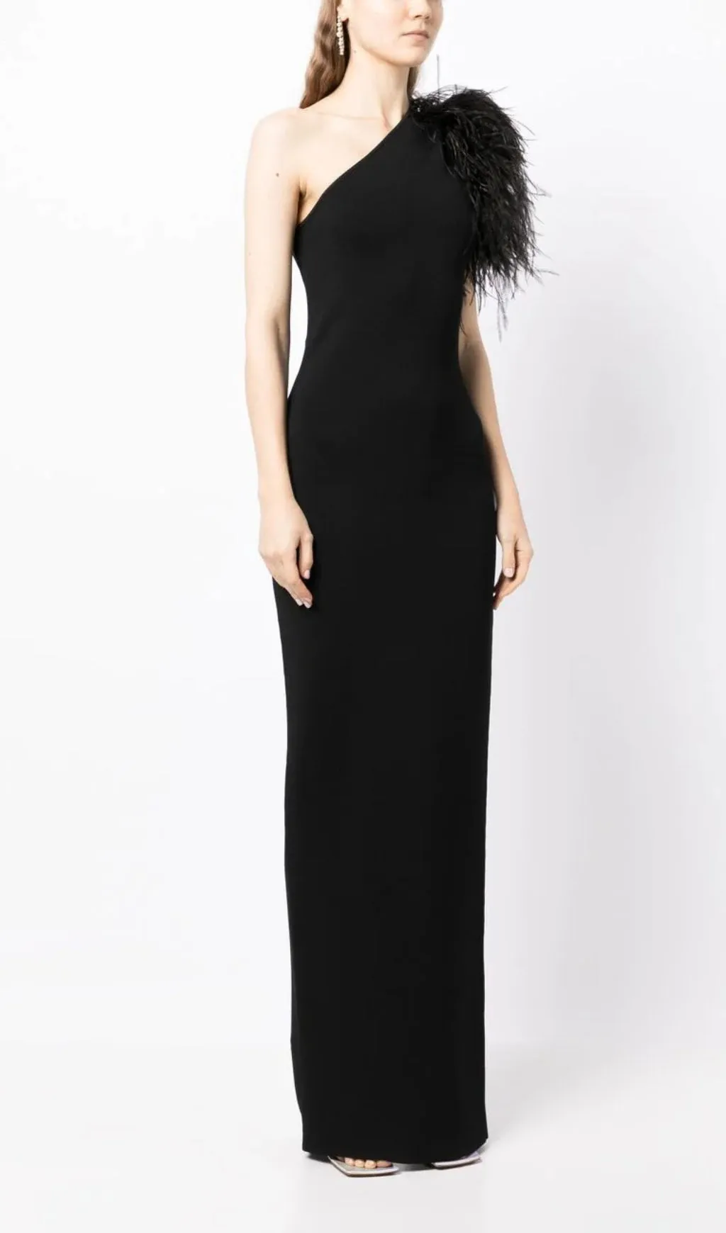 BLACK ONE-SHOULDER FEATHER MAXI DRESS Gloria Lanvin