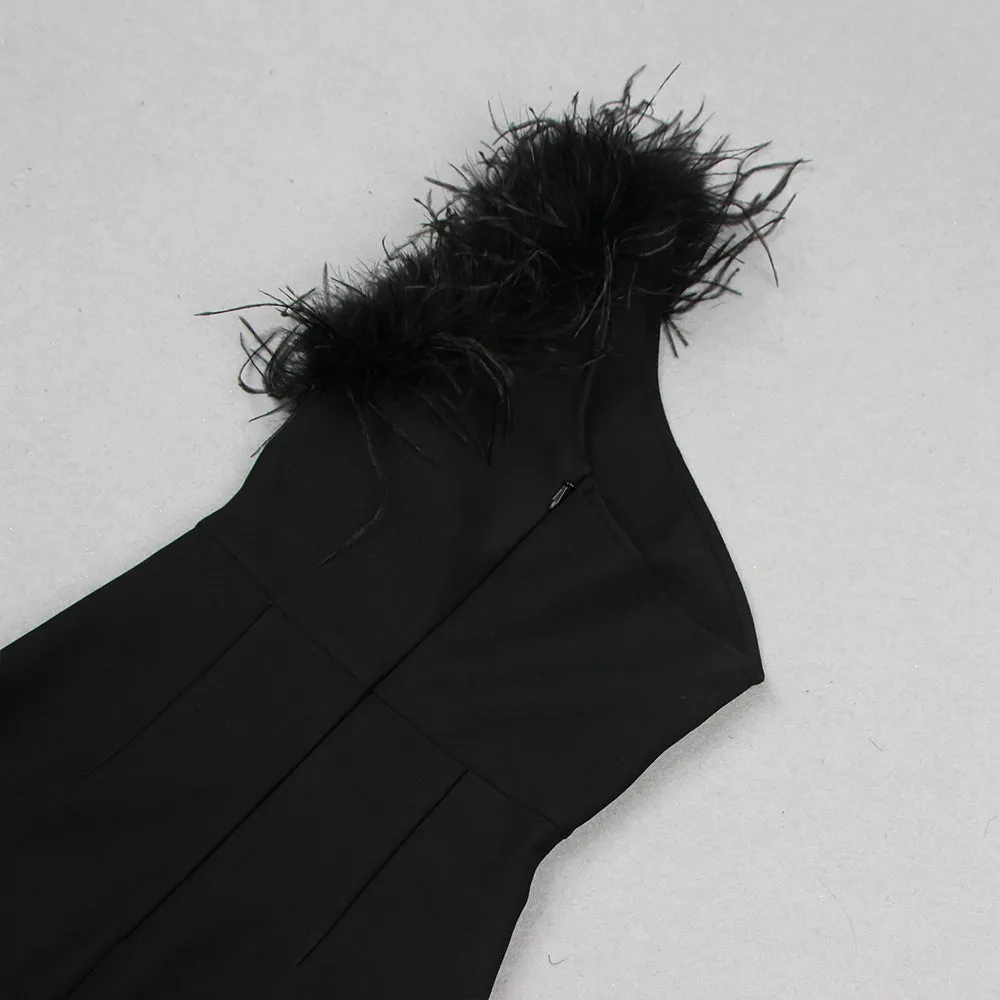 BLACK ONE-SHOULDER FEATHER MAXI DRESS Gloria Lanvin