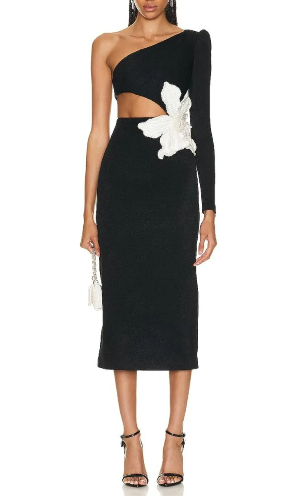 BLACK ONE SHOULDER MAXI DRESS WITH FLOWER APPLIQUE Gloria Lanvin