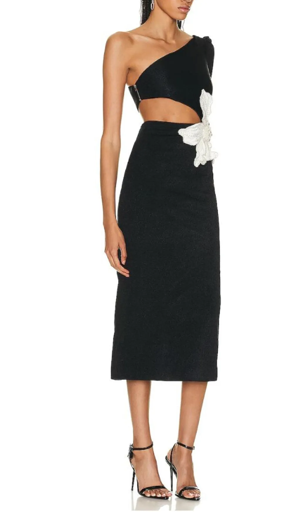 BLACK ONE SHOULDER MAXI DRESS WITH FLOWER APPLIQUE Gloria Lanvin