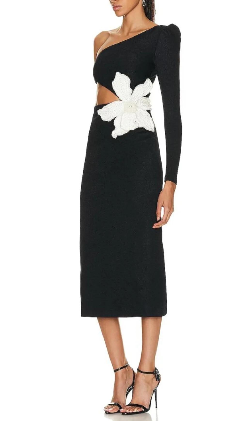BLACK ONE SHOULDER MAXI DRESS WITH FLOWER APPLIQUE Gloria Lanvin