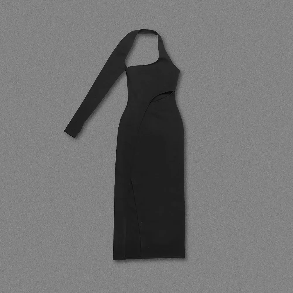 BLACK ONE-SLEEVE ELASTIC BANDAGE MIDRIFF-BARING MAXI DRESS Gloria Lanvin