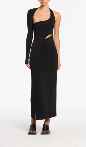 BLACK ONE-SLEEVE ELASTIC BANDAGE MIDRIFF-BARING MAXI DRESS Gloria Lanvin