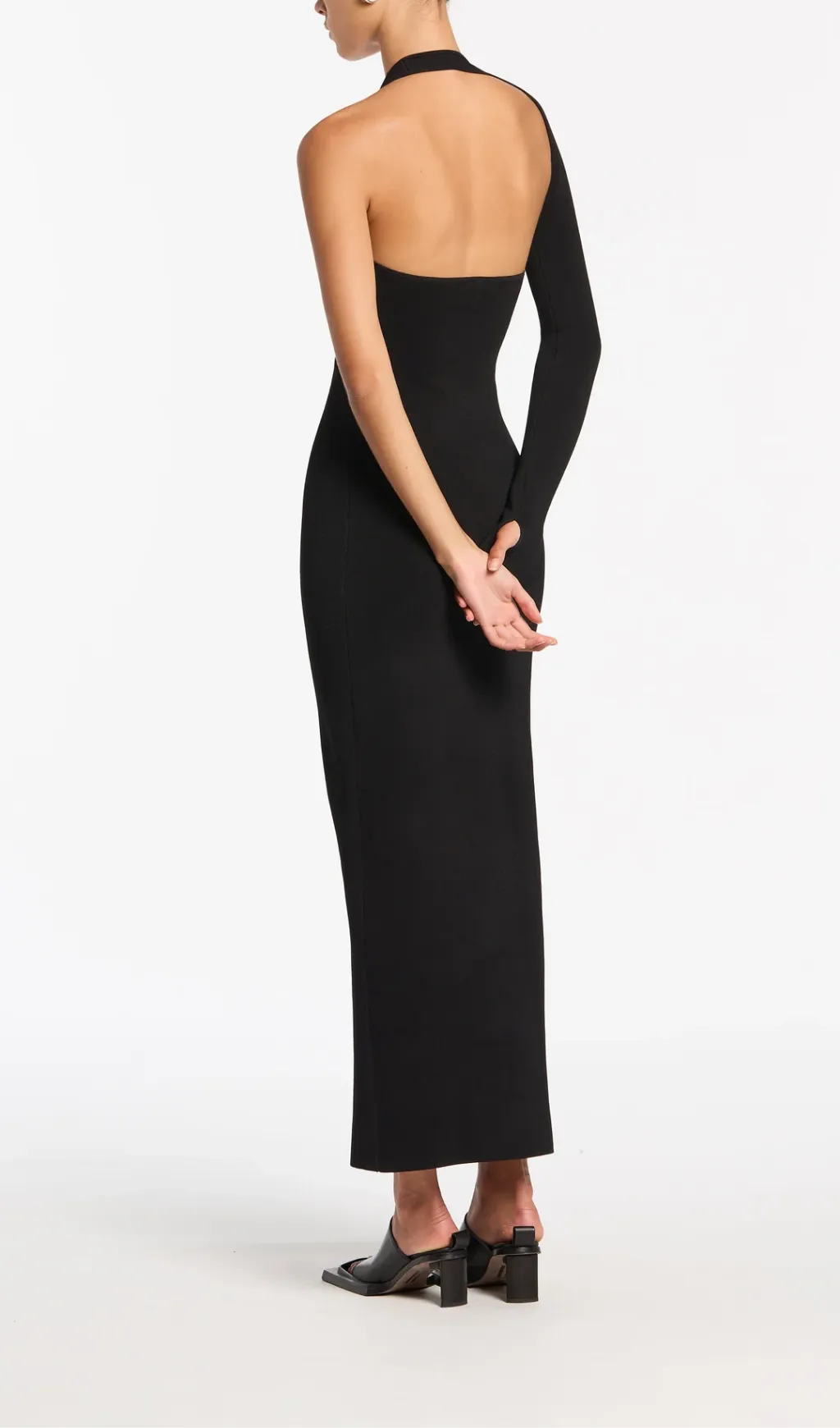 BLACK ONE-SLEEVE ELASTIC BANDAGE MIDRIFF-BARING MAXI DRESS Gloria Lanvin
