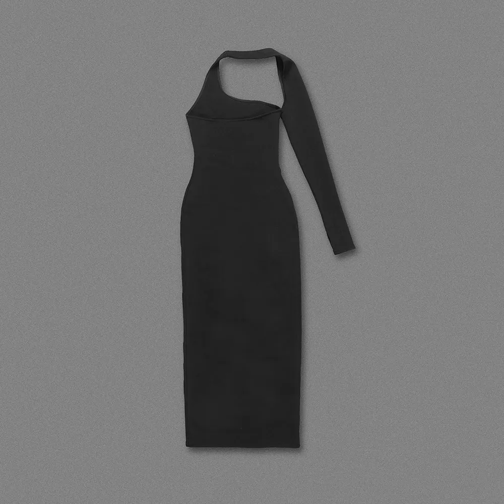 BLACK ONE-SLEEVE ELASTIC BANDAGE MIDRIFF-BARING MAXI DRESS Gloria Lanvin