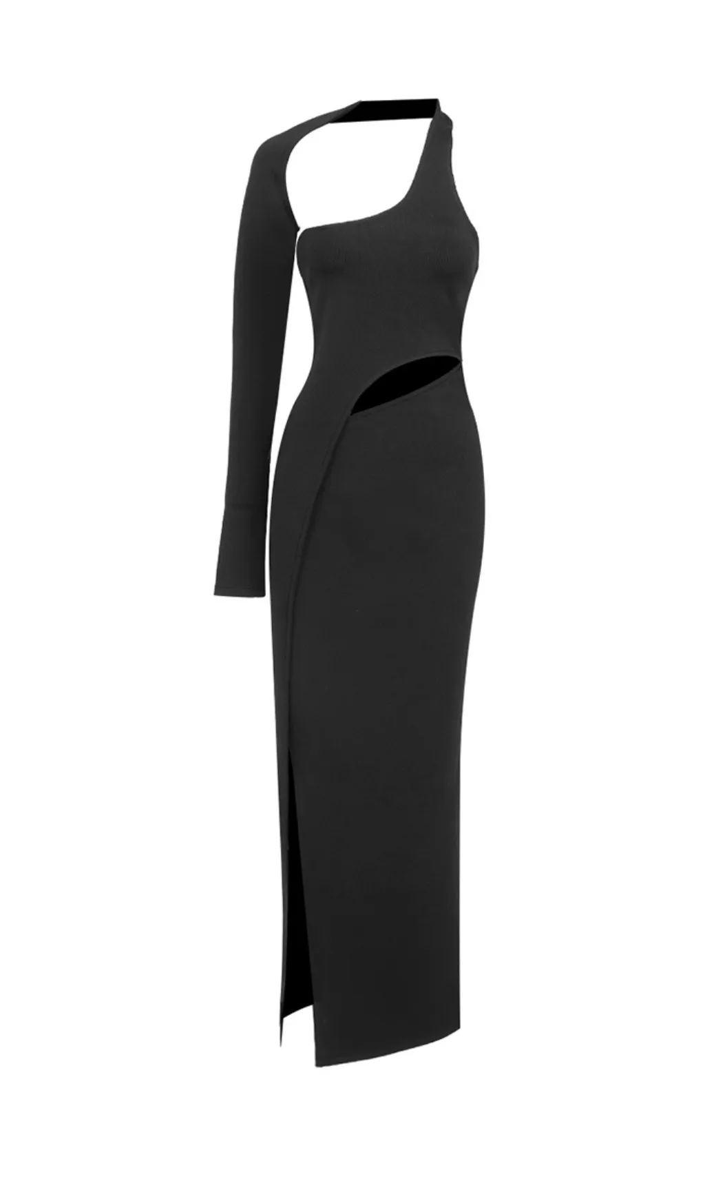 BLACK ONE-SLEEVE ELASTIC BANDAGE MIDRIFF-BARING MAXI DRESS Gloria Lanvin