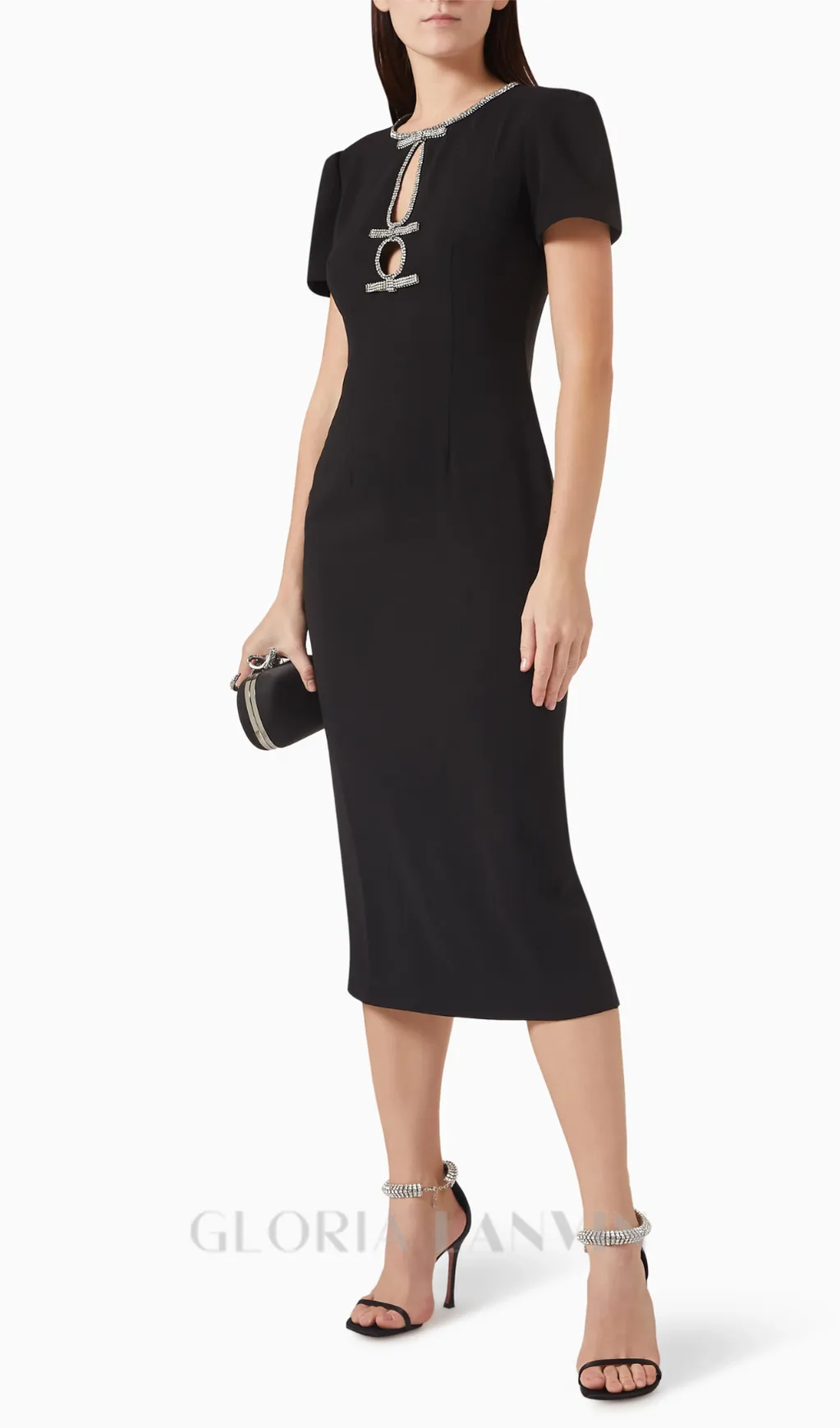 BLACK RHINESTONE-EMBELLISHED MIDI DRESS Gloria Lanvin