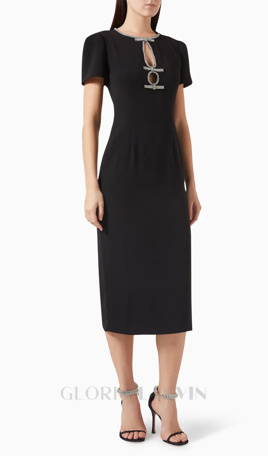 BLACK RHINESTONE-EMBELLISHED MIDI DRESS Gloria Lanvin