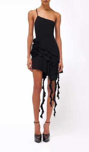 BLACK ROSE-DETAIL RUFFLED MINI DRESS Gloria Lanvin