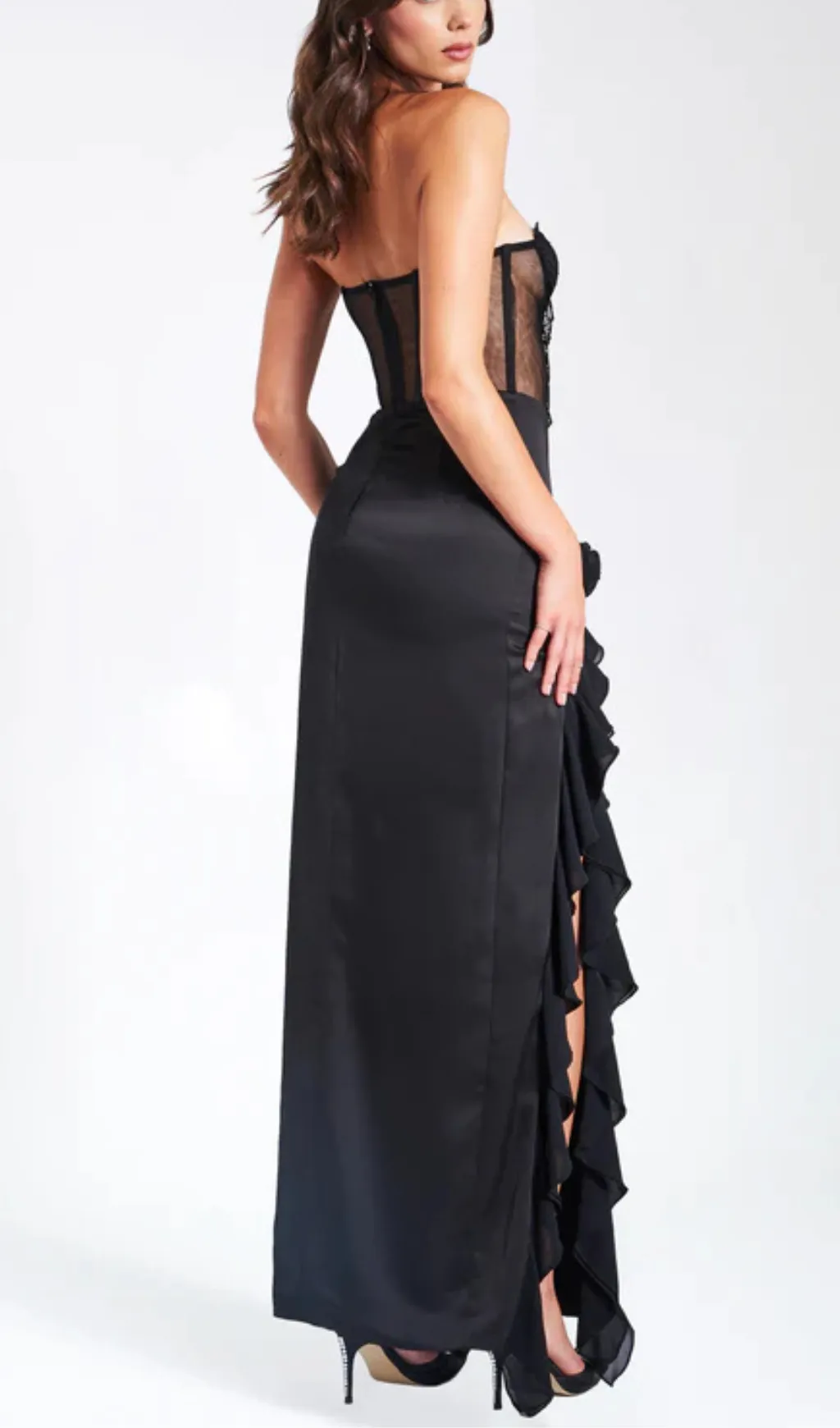 BLACK SATIN LACE CORSET MAXI DRESS Gloria Lanvin