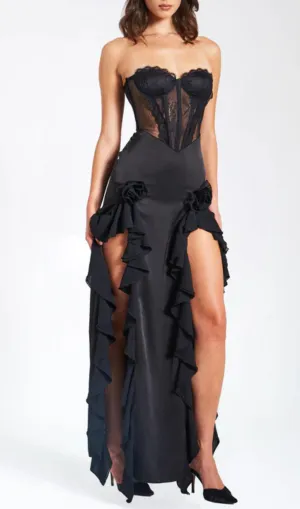 BLACK SATIN LACE CORSET MAXI DRESS Gloria Lanvin