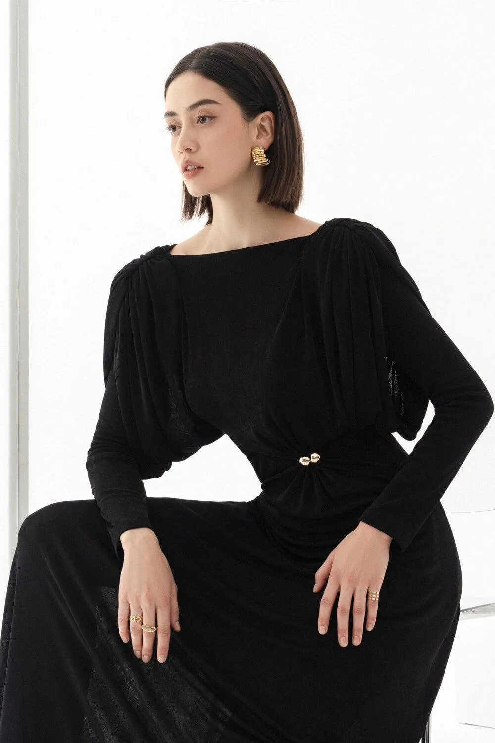 black straight boat neck knitted fabric maxi dress Gloria Lanvin