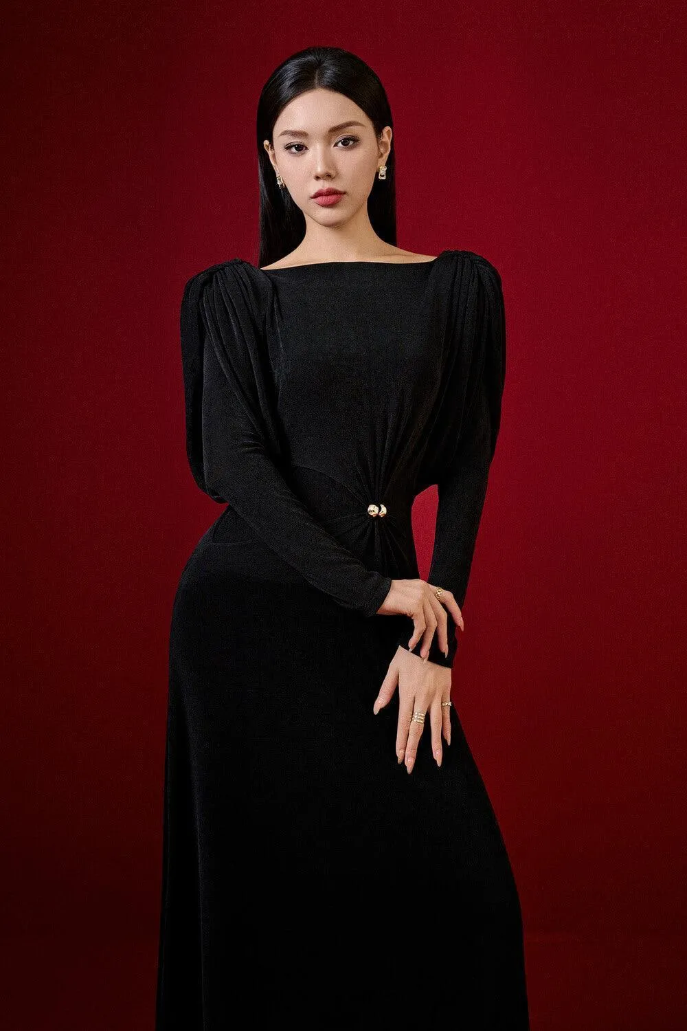 black straight boat neck knitted fabric maxi dress Gloria Lanvin