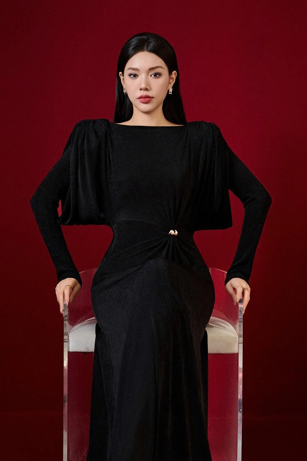 black straight boat neck knitted fabric maxi dress Gloria Lanvin
