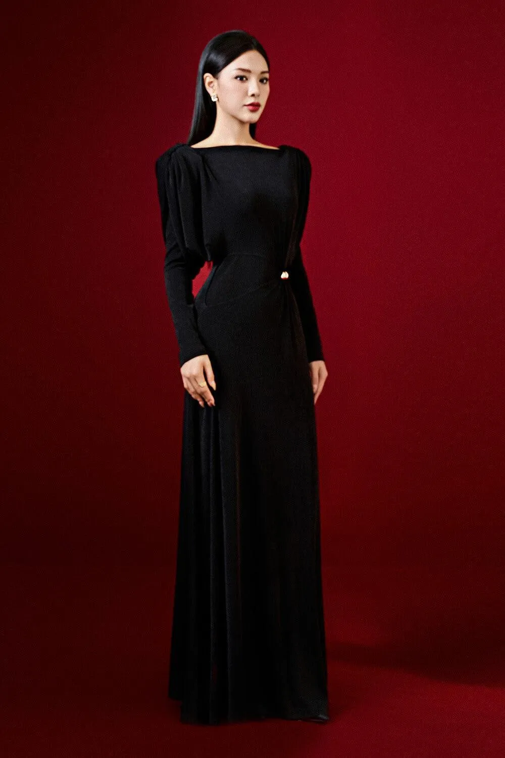 black straight boat neck knitted fabric maxi dress Gloria Lanvin