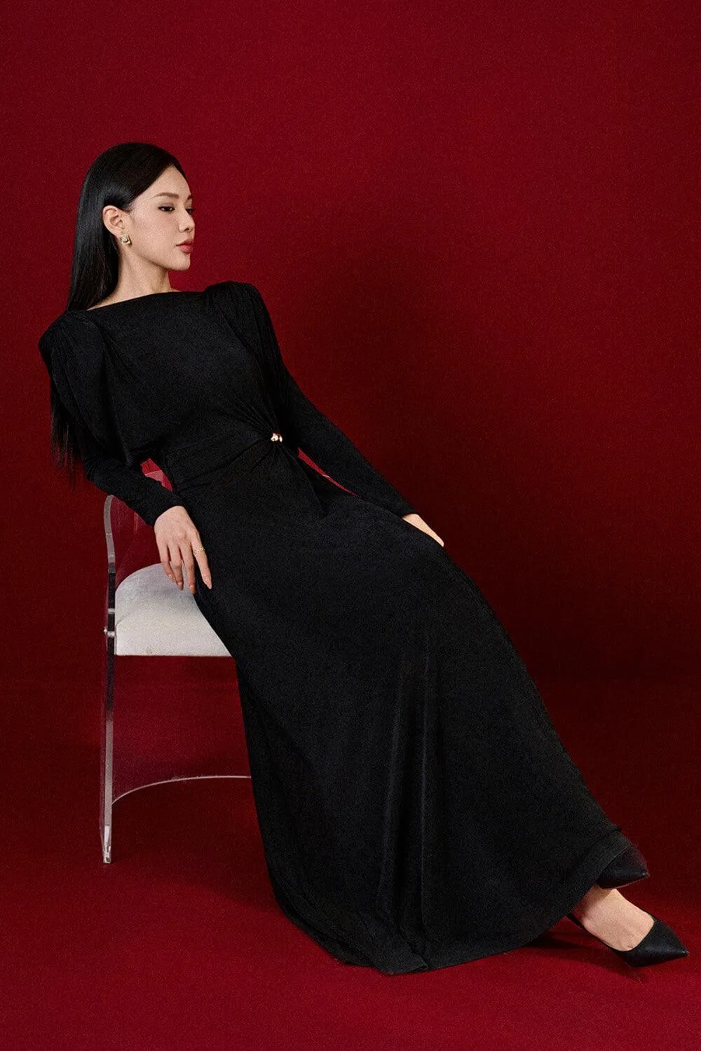 black straight boat neck knitted fabric maxi dress Gloria Lanvin