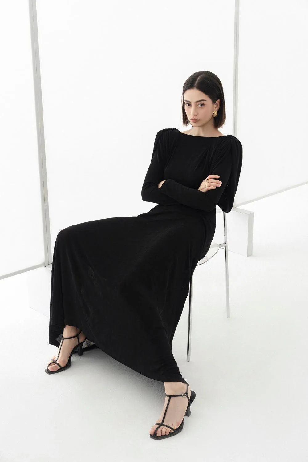 black straight boat neck knitted fabric maxi dress Gloria Lanvin