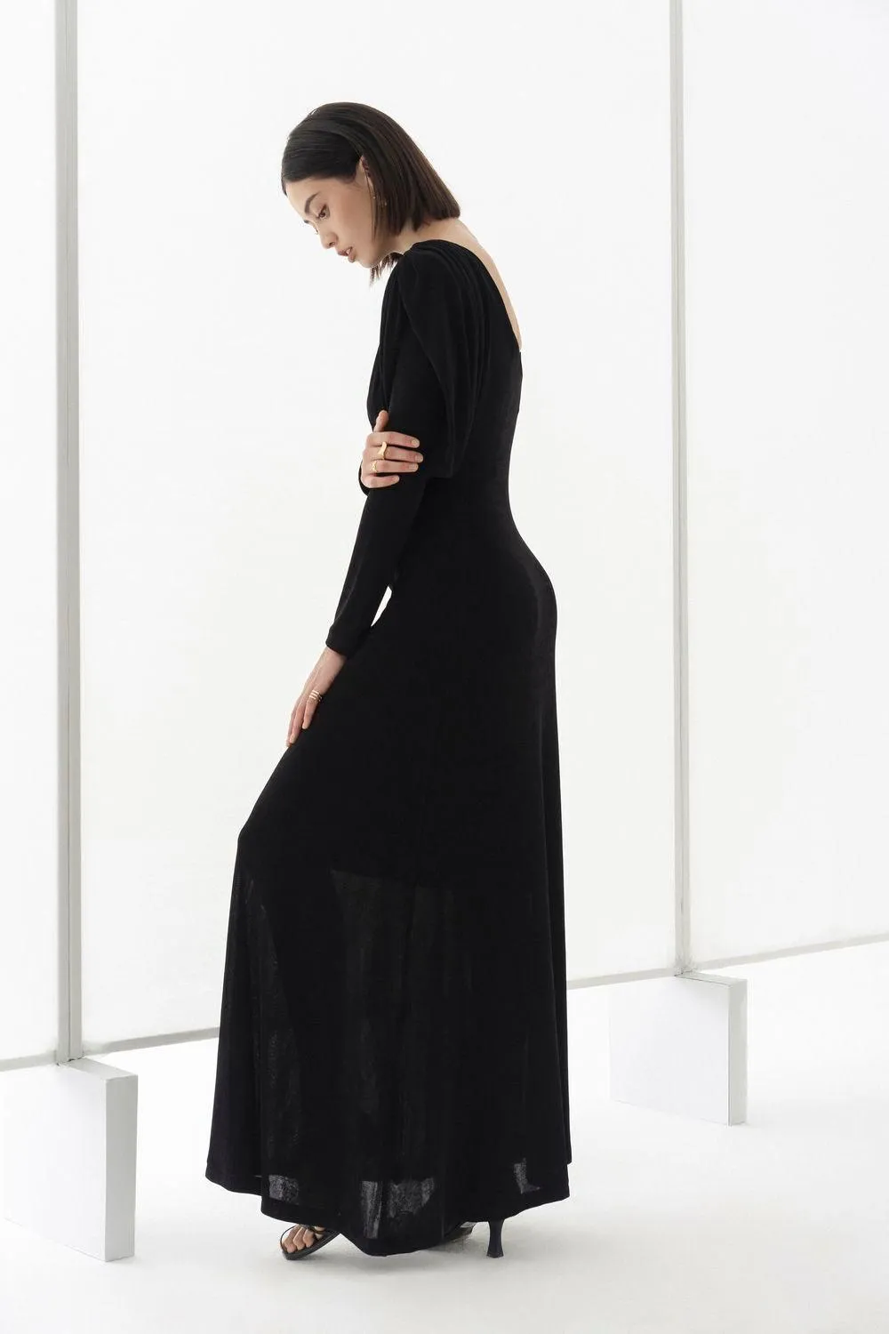 black straight boat neck knitted fabric maxi dress Gloria Lanvin