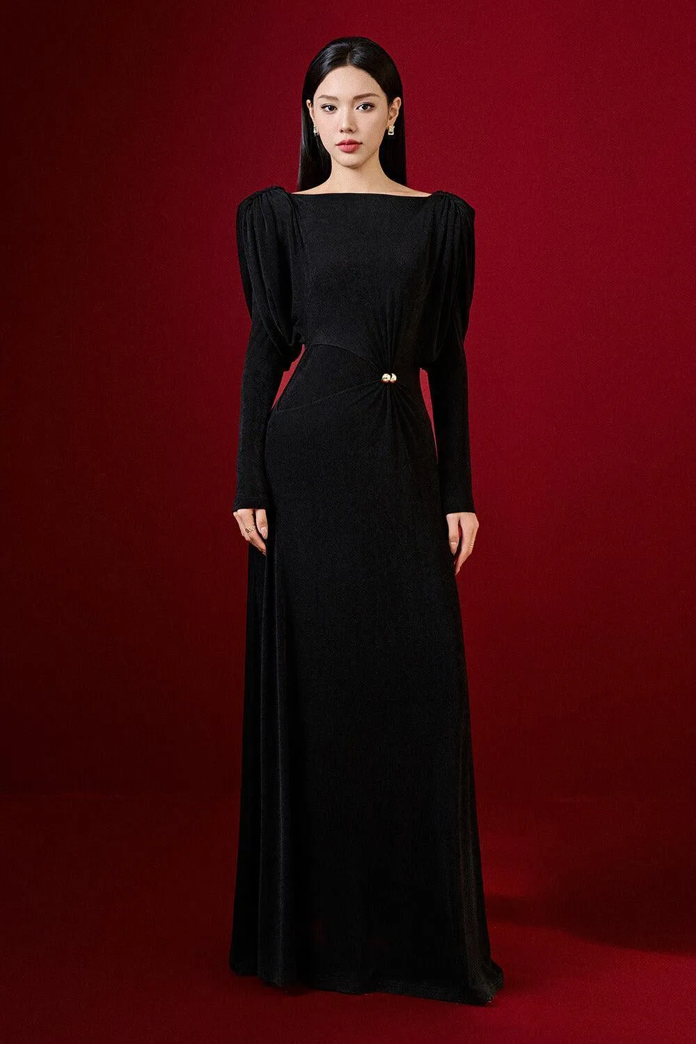 black straight boat neck knitted fabric maxi dress Gloria Lanvin