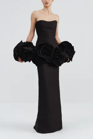 black strapless maxi dress with flower embellishments Gloria Lanvin