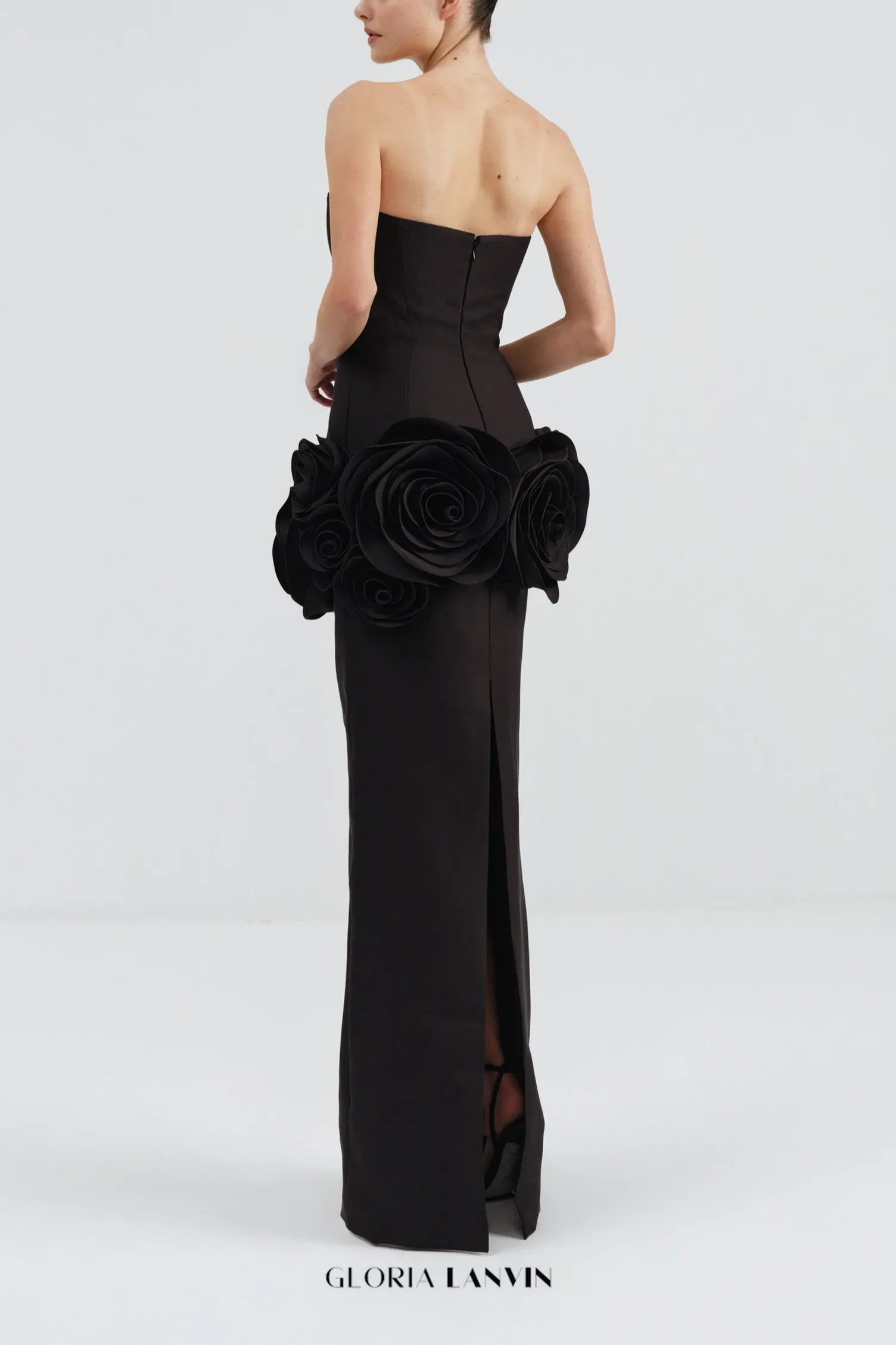 black strapless maxi dress with flower embellishments Gloria Lanvin