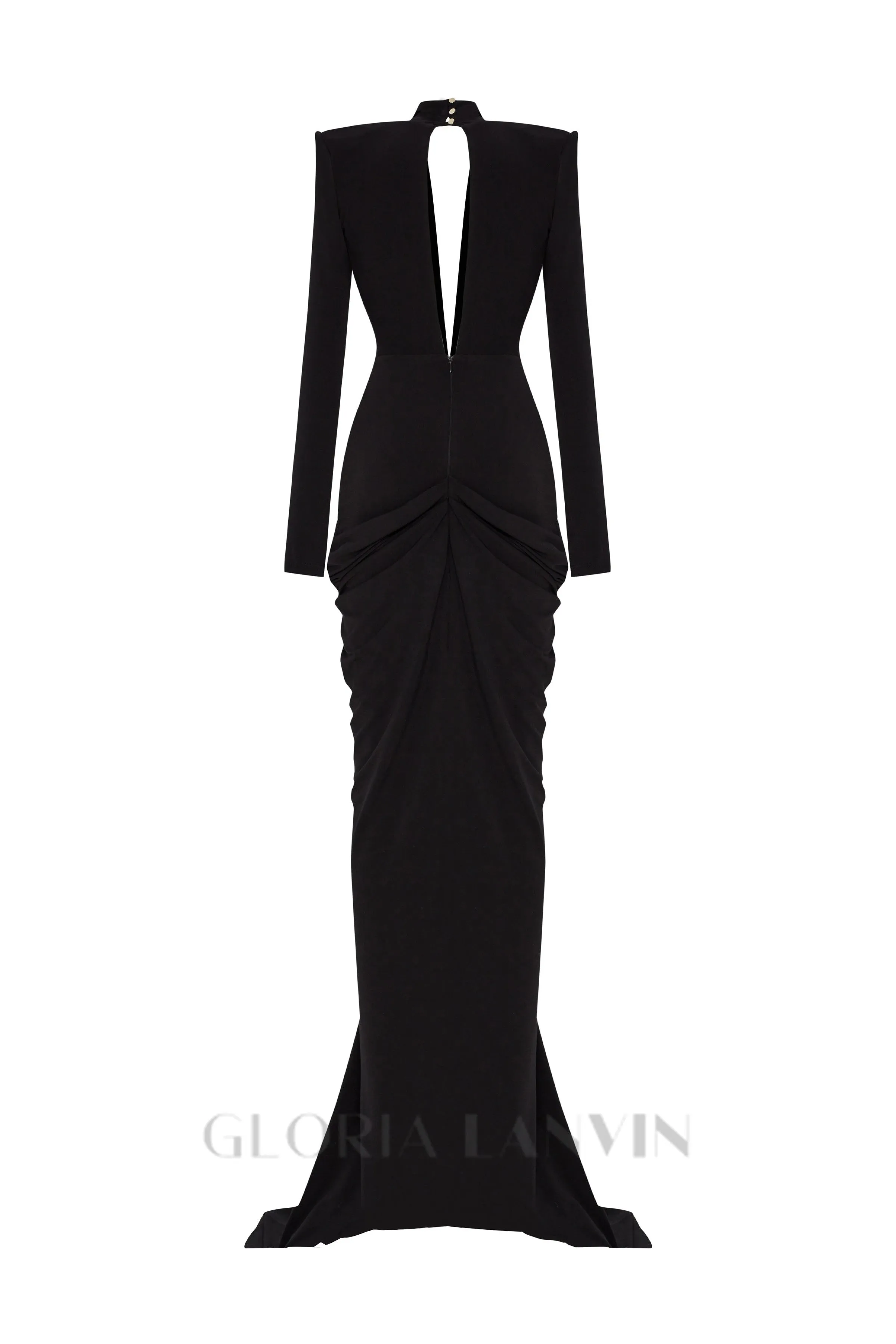 Black Stretchy Gold Flower Embroidered V-Neck Long Sleeved Maxi Dress Gloria Lanvin