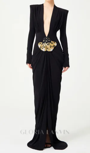 Black Stretchy Gold Flower Embroidered V-Neck Long Sleeved Maxi Dress Gloria Lanvin