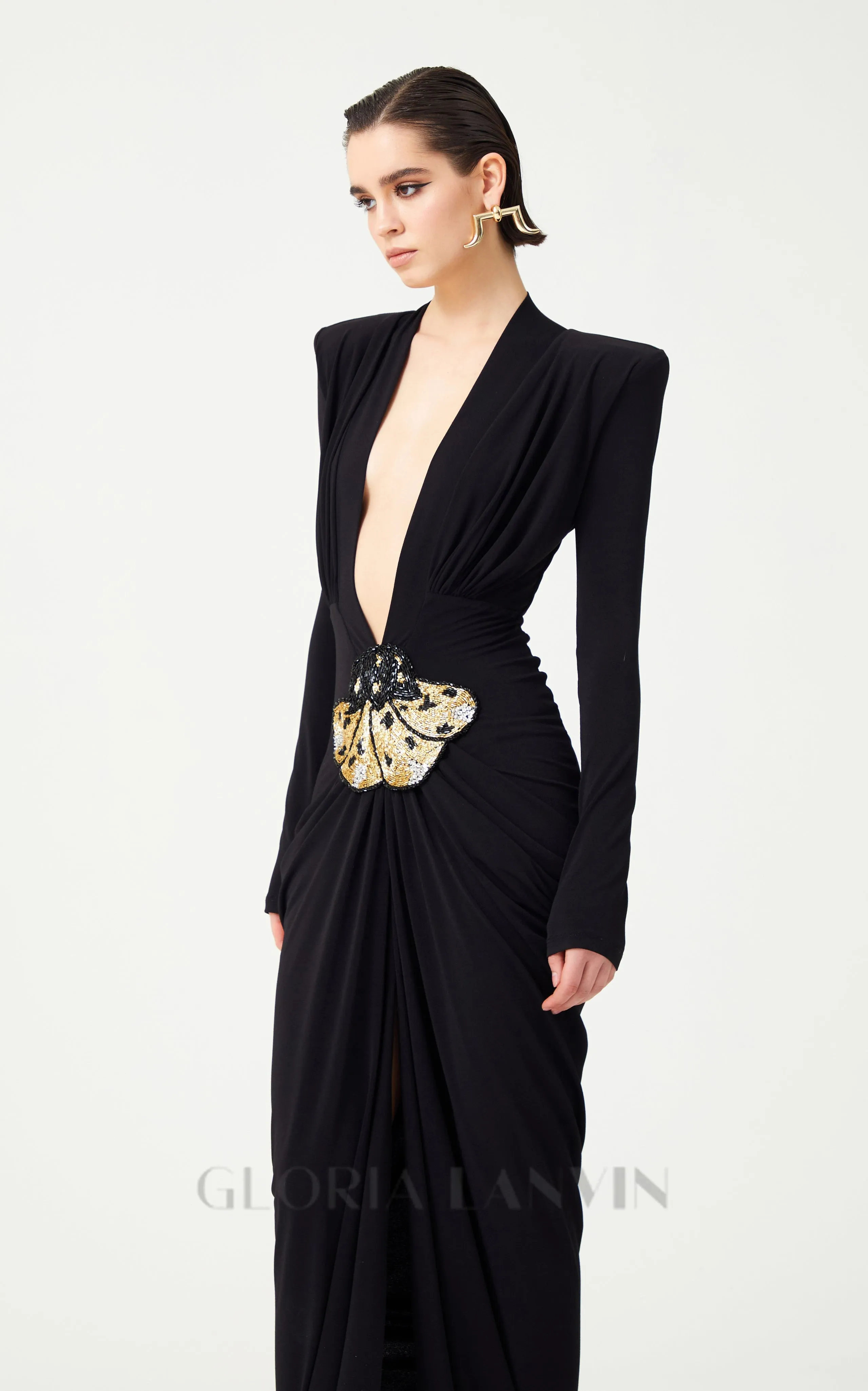 Black Stretchy Gold Flower Embroidered V-Neck Long Sleeved Maxi Dress Gloria Lanvin