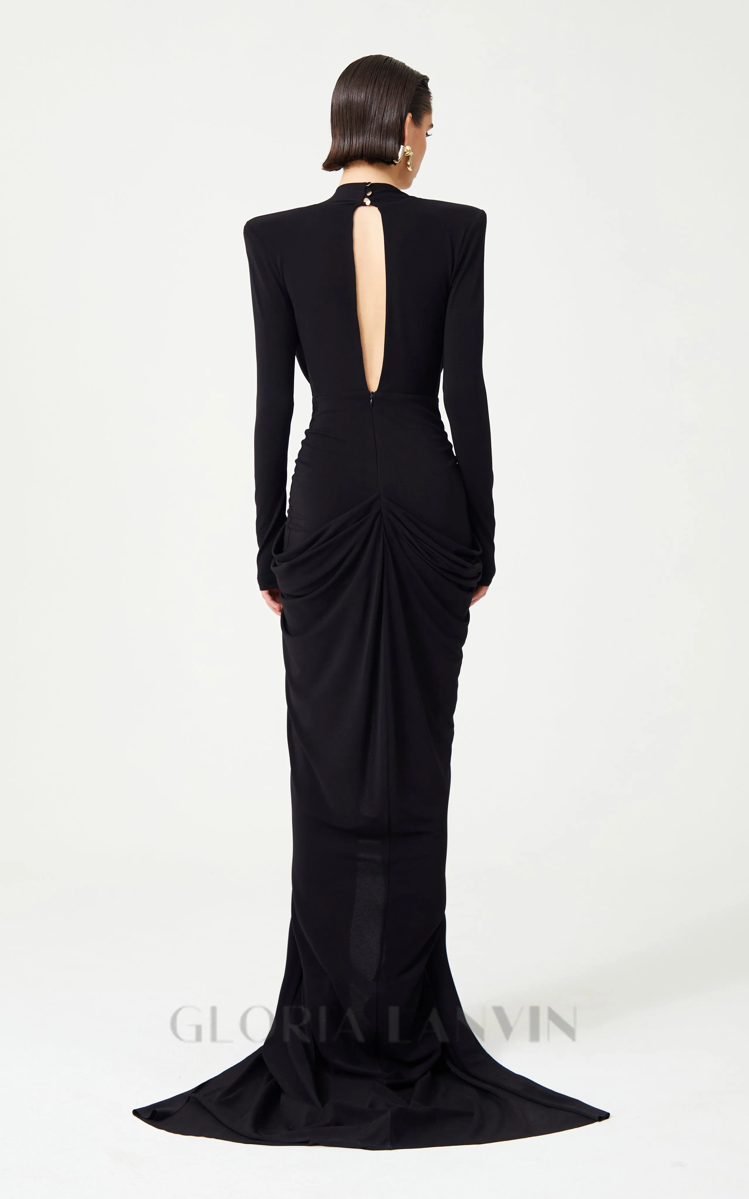 Black Stretchy Gold Flower Embroidered V-Neck Long Sleeved Maxi Dress Gloria Lanvin