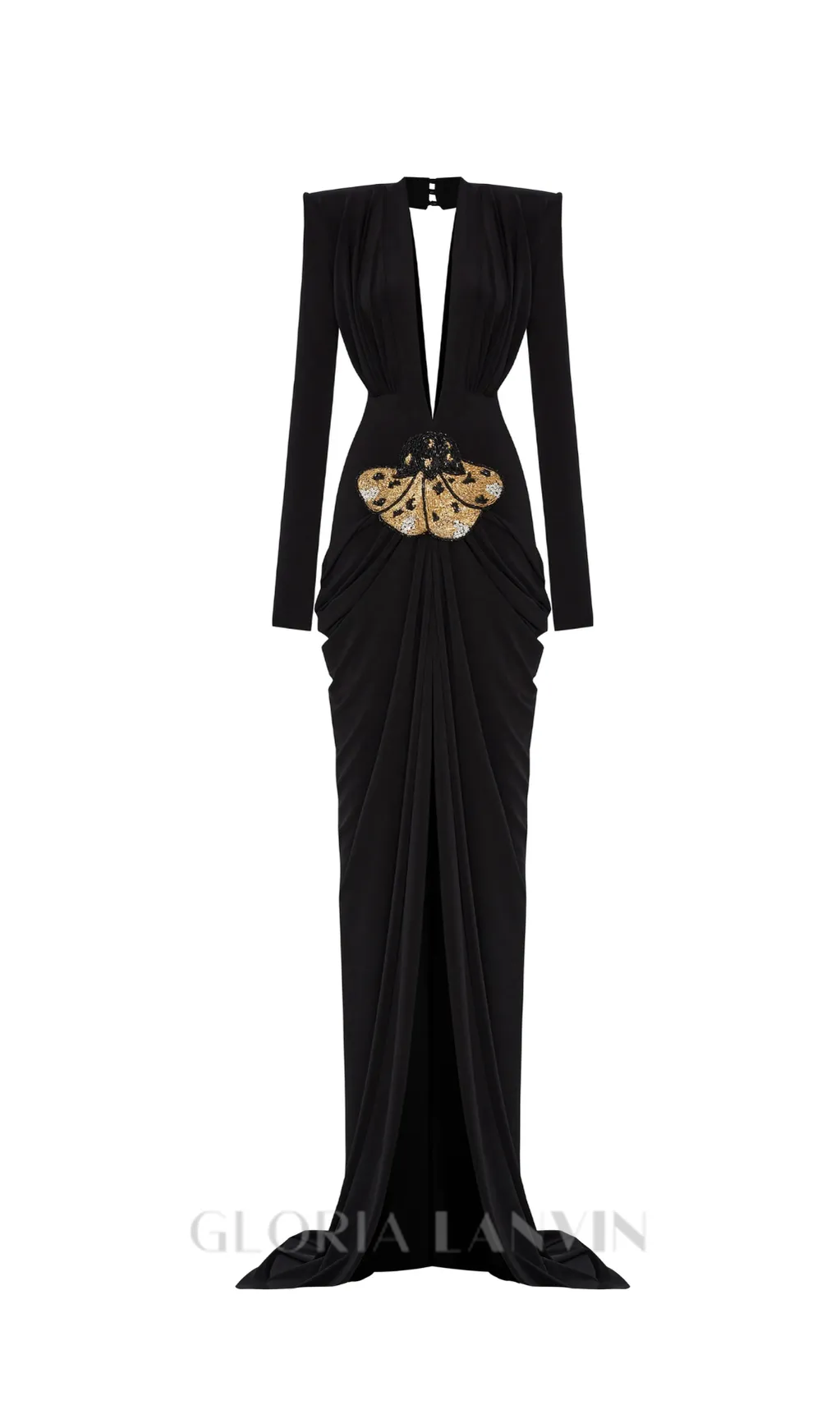 Black Stretchy Gold Flower Embroidered V-Neck Long Sleeved Maxi Dress Gloria Lanvin