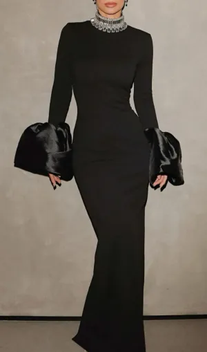 BLACK TRUMPET SLEEVE HIGH-NECK MAXI DRESS Gloria Lanvin