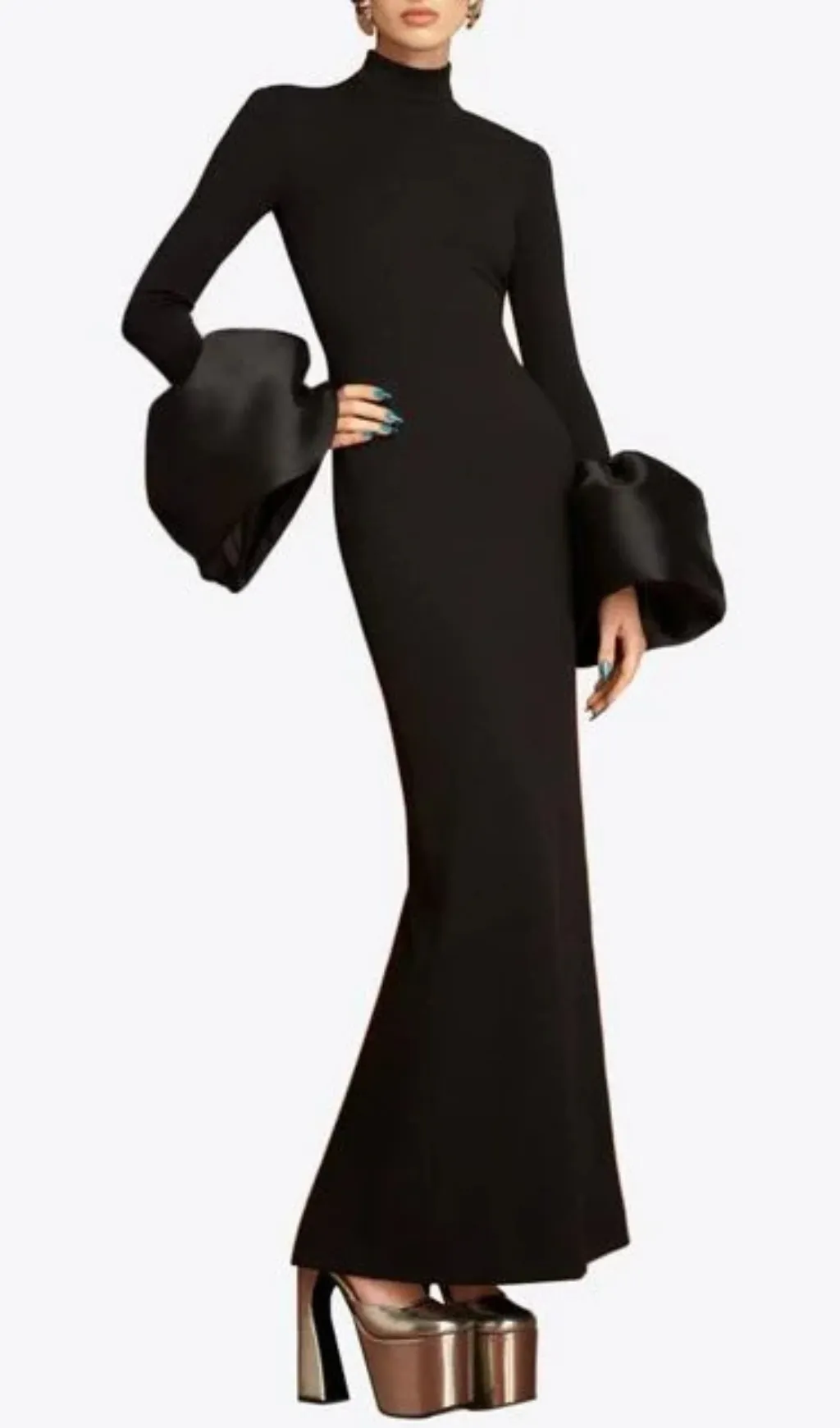 BLACK TRUMPET SLEEVE HIGH-NECK MAXI DRESS Gloria Lanvin
