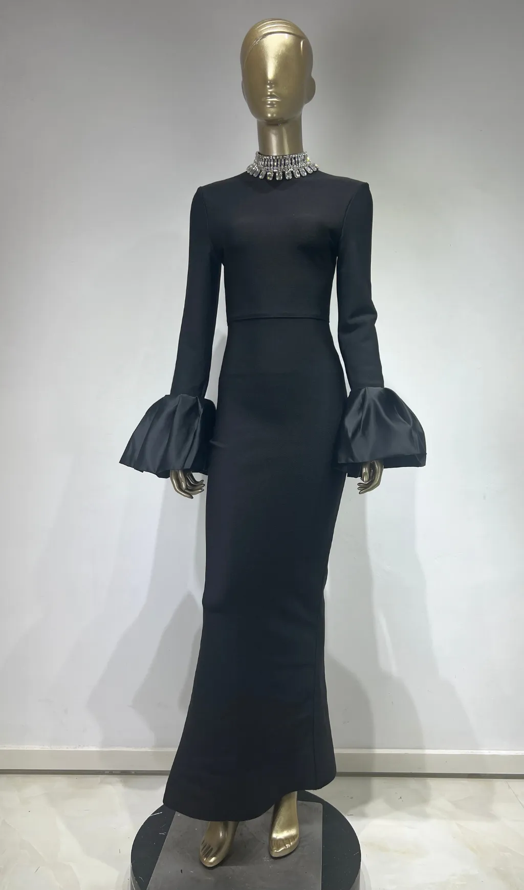 BLACK TRUMPET SLEEVE HIGH-NECK MAXI DRESS Gloria Lanvin