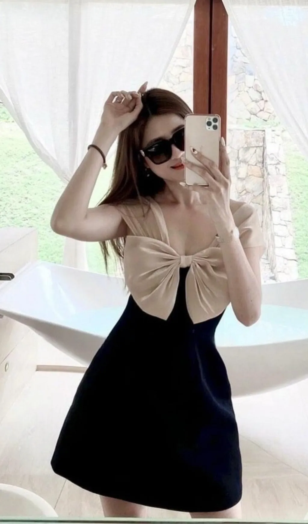 BLACK V NECK BOW A LINE MINI DRESS Gloria Lanvin