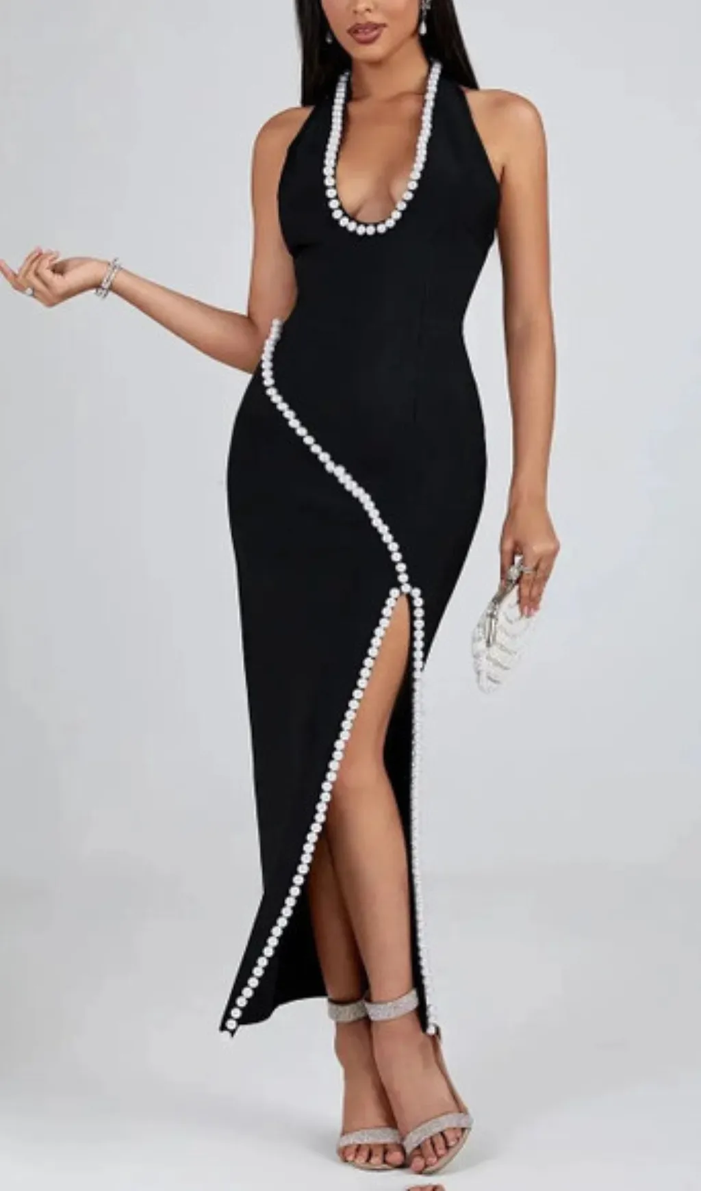BLACK V NECK SLIT PEARL MIDI DRESS Gloria Lanvin