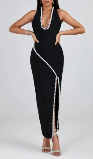 BLACK V NECK SLIT PEARL MIDI DRESS Gloria Lanvin
