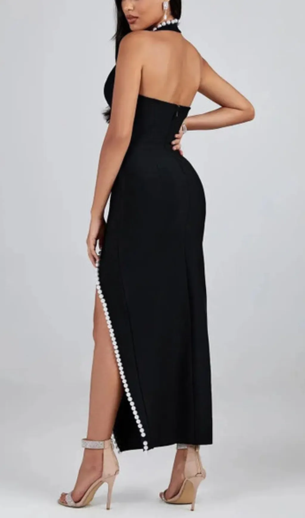 BLACK V NECK SLIT PEARL MIDI DRESS Gloria Lanvin