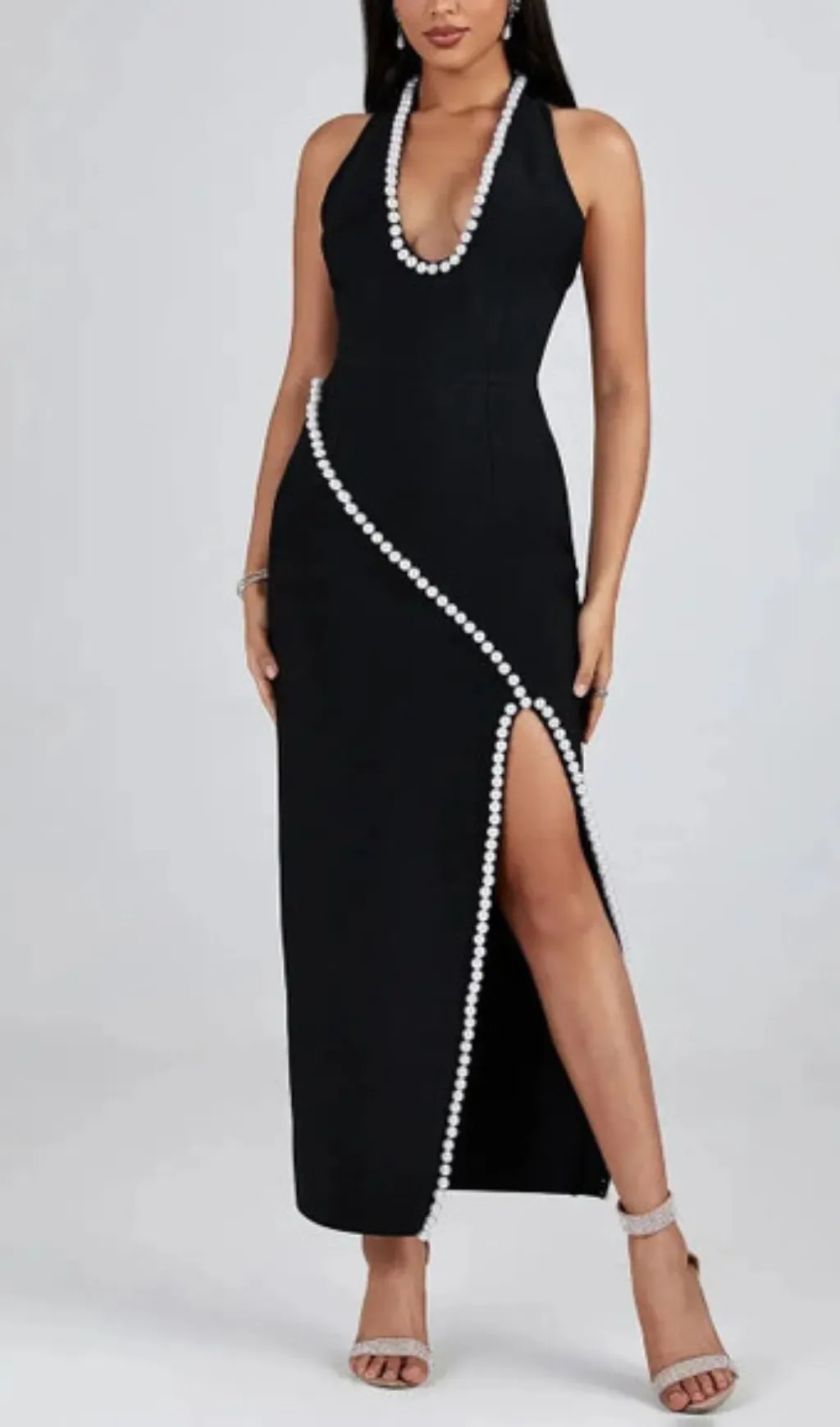 BLACK V NECK SLIT PEARL MIDI DRESS Gloria Lanvin