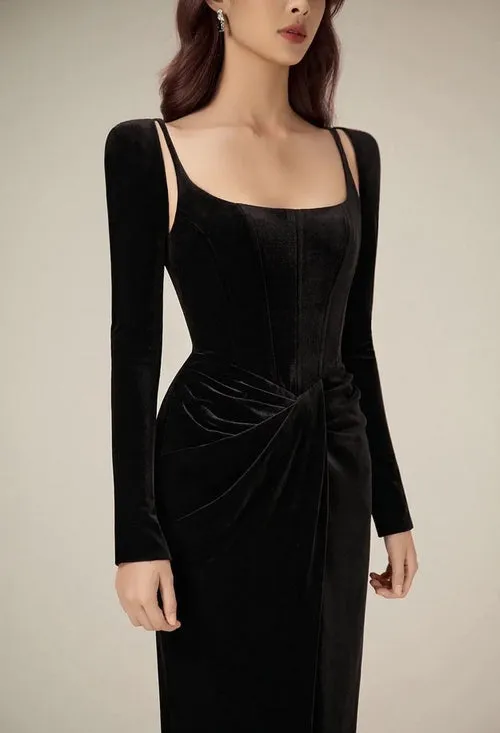 Black Velvet Draped midi Dress Gloria Lanvin